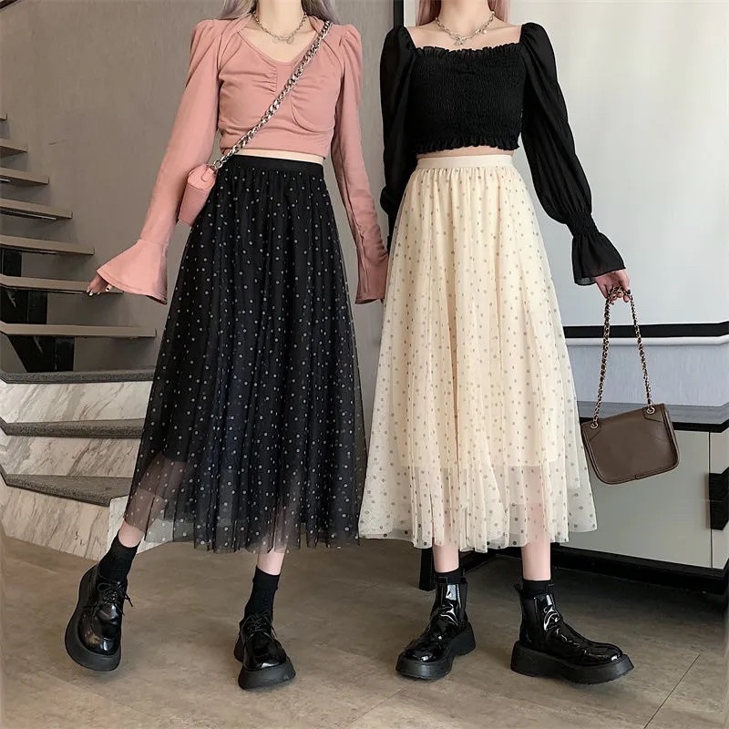 Chân váy Midi xòe dáng dài màu ghi, be, trắng Bling Bling lấp lánh cạp chun đi làm đi chơi đi học phong cách Hàn Quốc