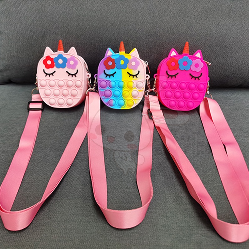 Túi Silicon đựng tiền xu đeo vai hình kỳ lân tích hợp đồ chơi ấn bong bóng vui nhộn dành cho trẻ em