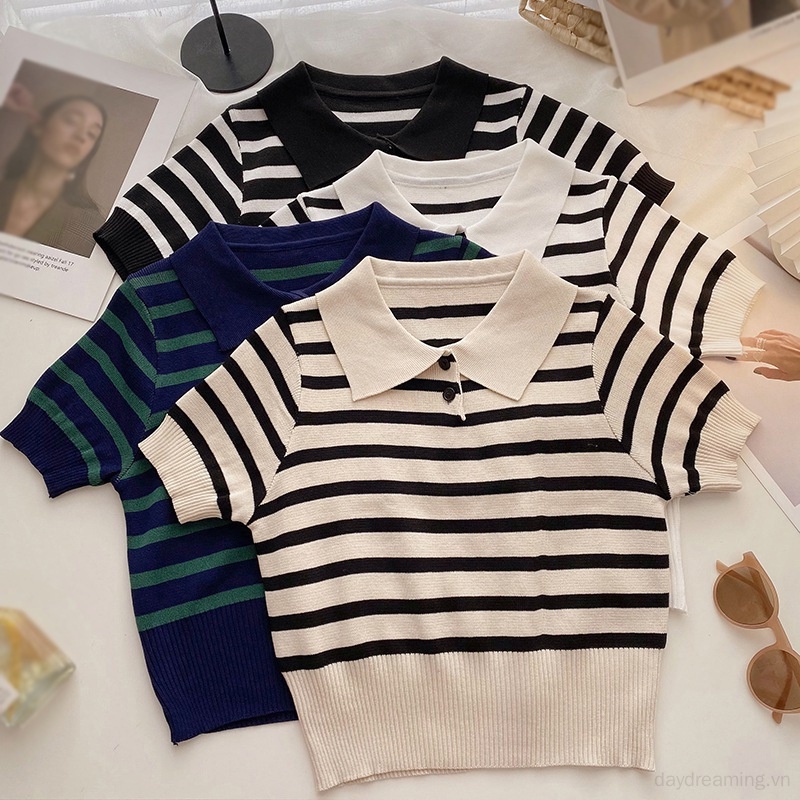 Áo Croptop Dệt Kim Tay Ngắn Cổ Bẻ Họa Tiết Kẻ Sọc Thời Trang Cho Nữ