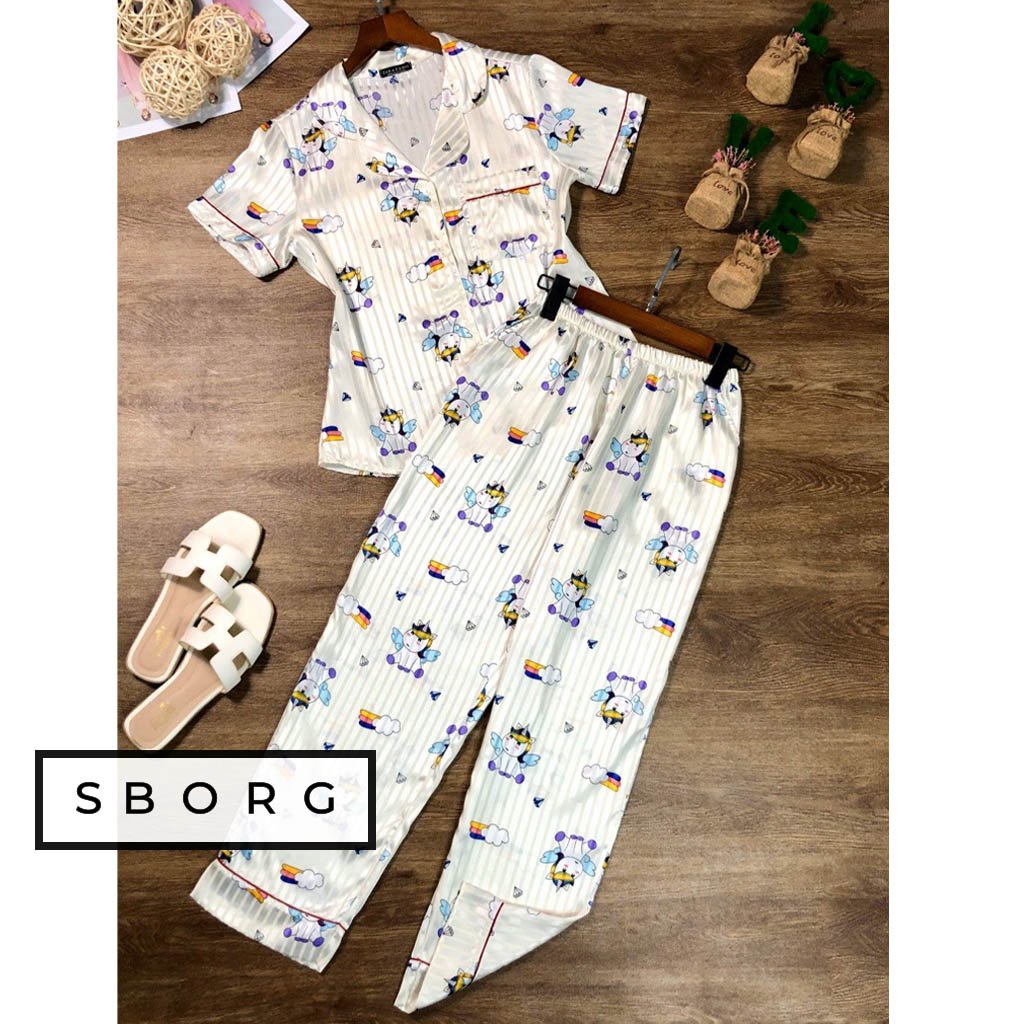 Đồ bộ mặc nhà SBORG bộ pijama lụa satin họa tiết tay ngắn quần dài dễ thương có túi 45kg - 65kg quà tặng vợ