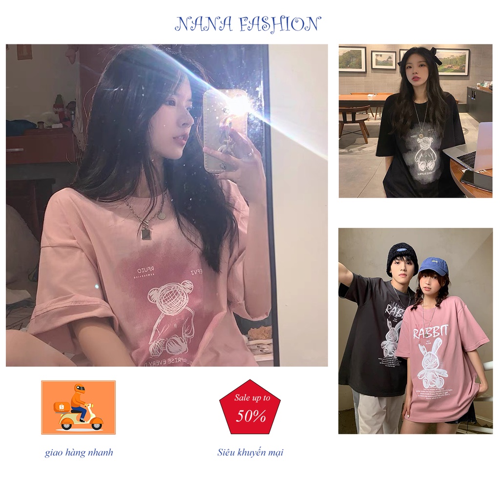 AT005 - Áo thun nữ nam tay ngắn ( tay lỡ ) unisex form rộng Gấu Surprise Hồng - Đen phong cách trẻ trung, tươi tắn