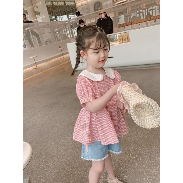 Xả Set áo kẻ quần phối ren bé gái