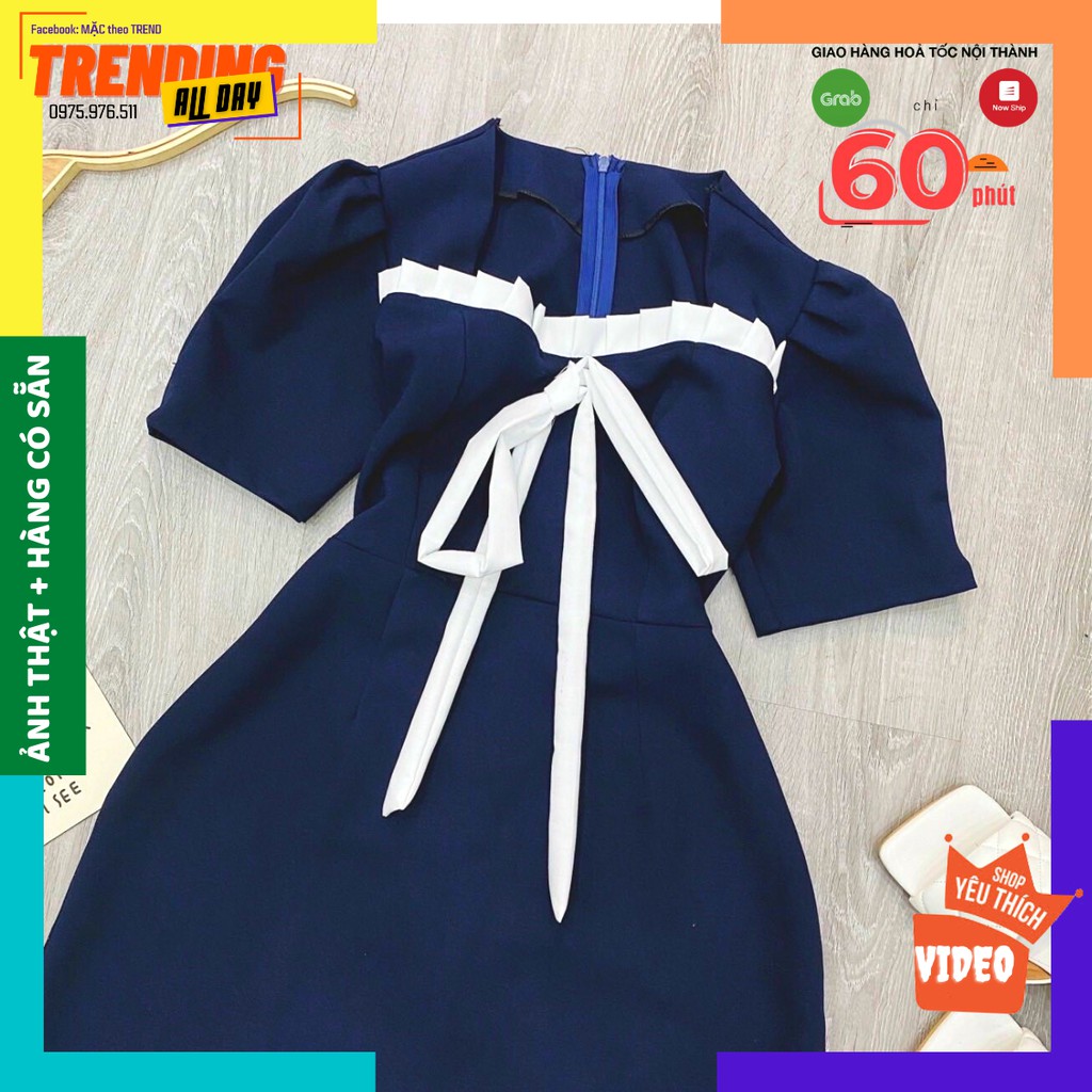 [GIẢM 10K] Đầm dáng chữ A ngắn tay, cổ phối bèo, hoạ tiết nơ đính tiểu thư. Dầm tiểu thư cổ tim sang chảnh tôn dáng | BigBuy360 - bigbuy360.vn