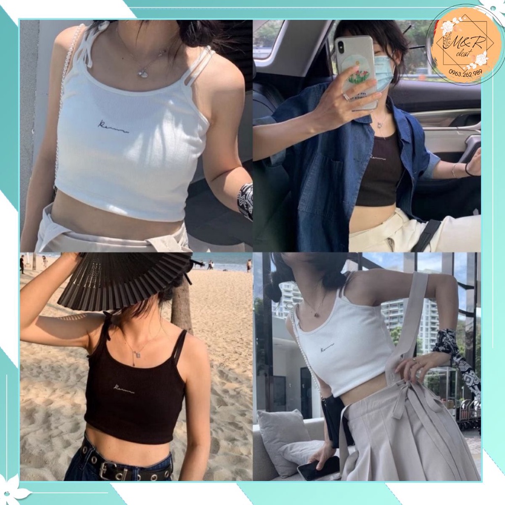 🎀Áo croptop dây chữ 𝐍𝐌 Closet chất thun gân co dãn tốt, 2 màu Đen, Trắng, dây buộc 1 bên, phong cách 💕