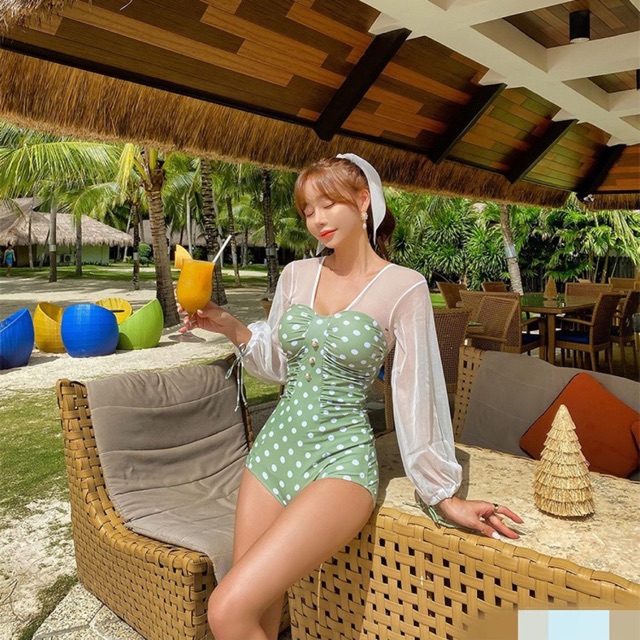 [BKN649] &lt;HÀN&gt; BODYSUIT TAY BỒNG XANH CHẤM BI KIỂU HÀN