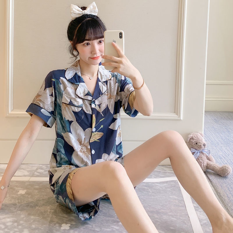 Bộ Đồ Ngủ Ngắn Tay Dáng Rộng Vải Cotton Lụa Nhẹ Thời Trang Mùa Hè Cho Nữ