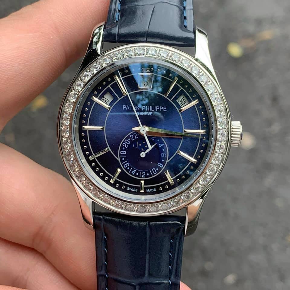 Đồng hồ Nam Ptek vành đá trăng sao máy nhật chạy cơ Automatic có thứ ngày tháng vỏ trắng dây da