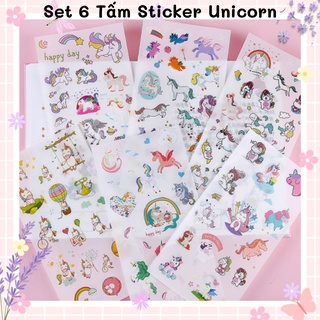 Set 6 tấm Nhãn dán sticker kỳ lân unicorn dễ thương gocnhocuaco VPP0129
