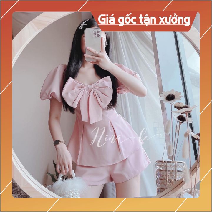 Set áo nơ tay phồng ❤️Mẫu Mới❤️Giá Gốc Tận Xưởng❤️ Phối quần ống rộng giả váy rất trẻ trung, thời trang, sang chảnh