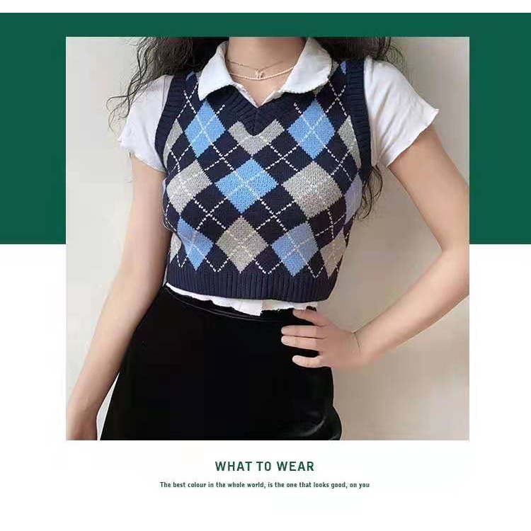 DUNEA Áo dệt kim cổ chữ V đính đá phong cách retro Hàn Quốc