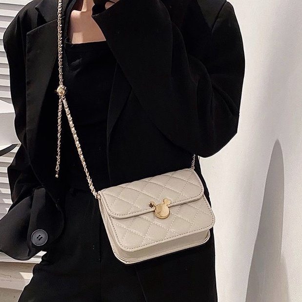 Túi dây xích hộp vuông Khóa mickey túi đeo chéo mini trần trám cao cấp đi chơi đi làm