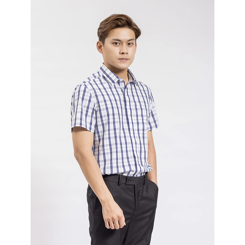 Áo Sơ Mi Nam Ngắn Tay ARISTINO ASS599S8 Somi Công Sở Cao Cấp màu kẻ ô tím than Vải sợi sồi Dáng suông tà lượn có túi