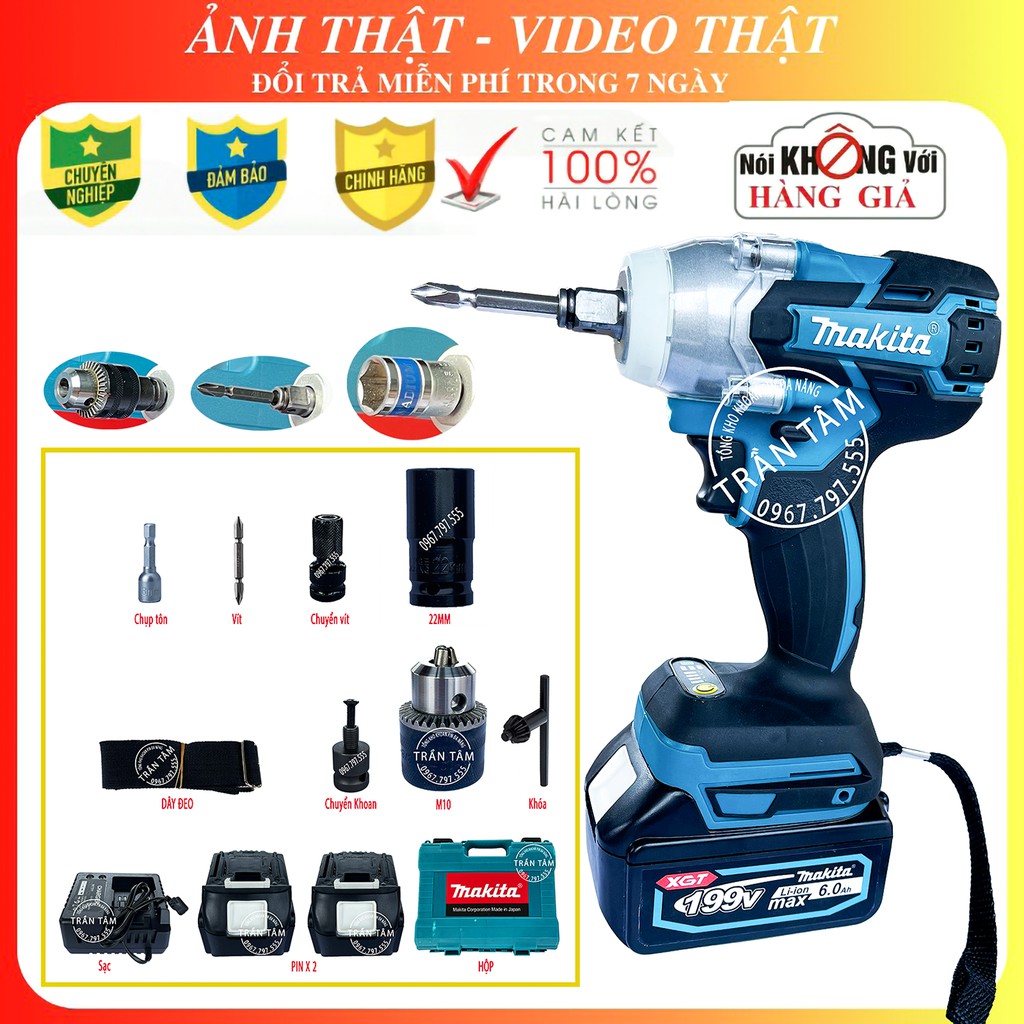 Máy Khoan Pin | Siết Bulong Makita 199V 6Ah Động Cơ Không Chổi Than Lực Siết 520 N/m.Phụ Kiện Như Hình (MKT03)