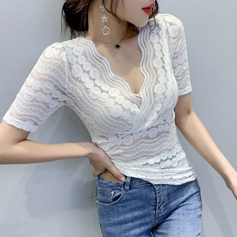 Áo thun nữ tay ngắn Cổ Chữ v Phối Ren Thiết Kế Mới Thời Trang Dành Cho Mùa Hè