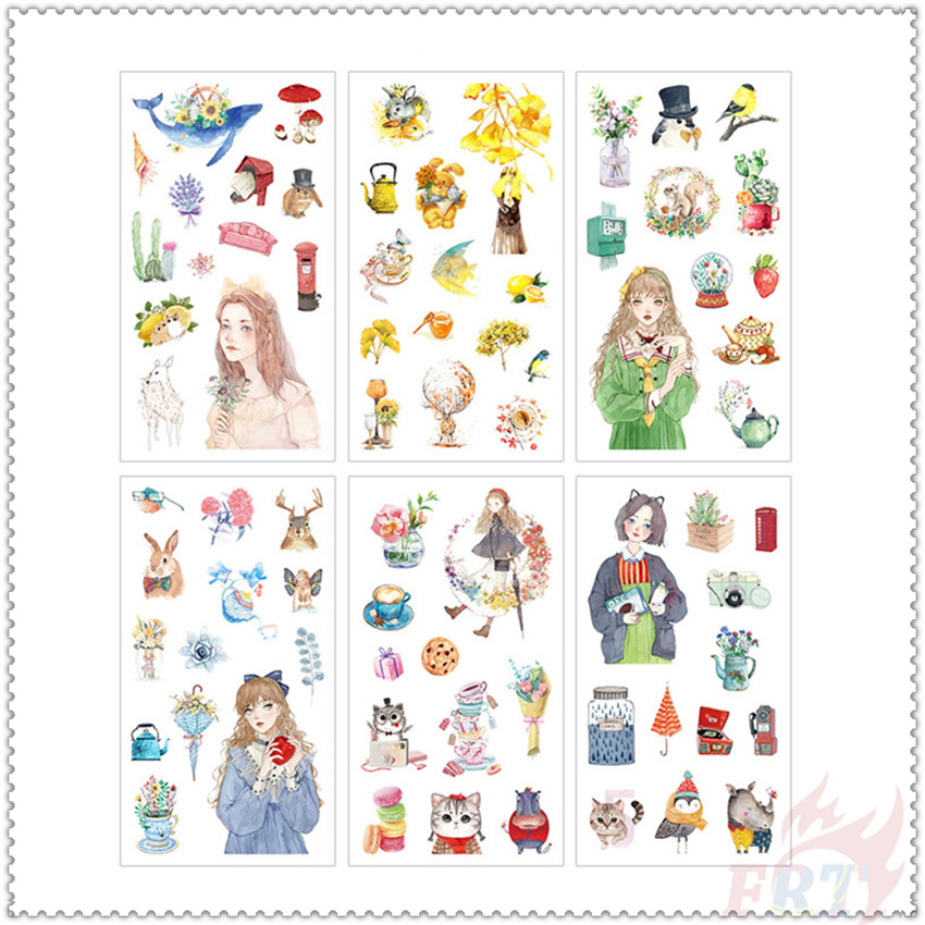6 Tấm / Bộ ❀ Hình Dán Cô Gái Và Mèo Kawaii Thời Trang ❀ Sticker Dán Trang Trí Thời Trang