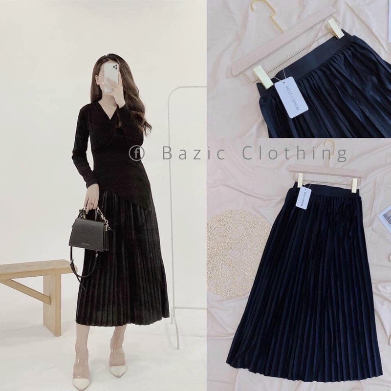 Chân váy xếp li nữ Bingshop - chân váy midi dáng dài xếp li vải tuyết nhung cạp chun freeship | BigBuy360 - bigbuy360.vn