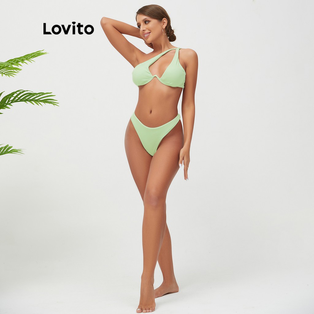 Bikini đi biển Lovito sọc gân có khoen tròn màu trơn phong cách Boho L15X061 (màu xanh lục nhạt)