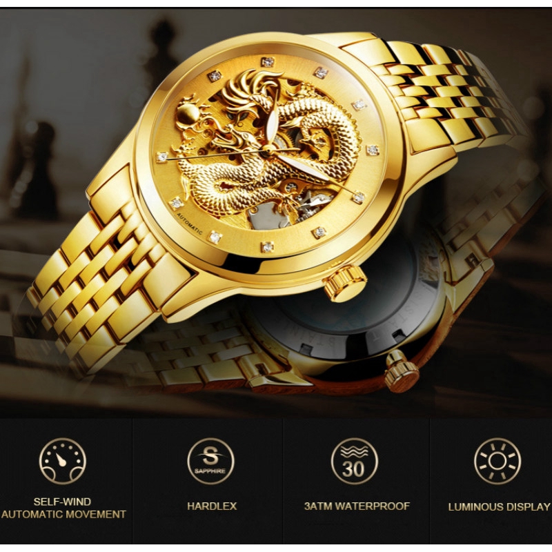 LANGLEY 3D Dragon Design Genuine Leather/Full Stainless Steel Automatic Mechanical Watch Double press butterfly clasp