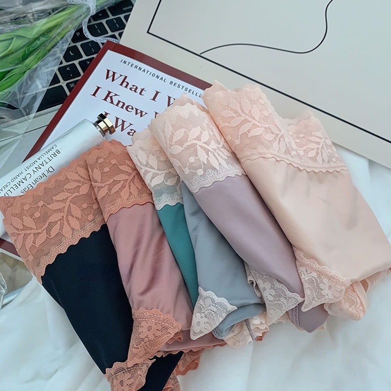 Quần Lót Lụa Lạnh Phối Ren Lưng Cao Cỡ Vừa Thời Trang Cho Nữ