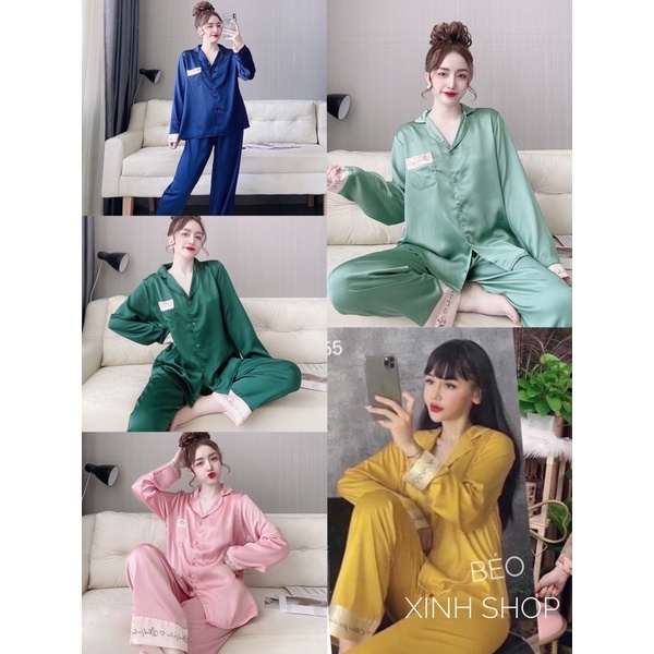 Tay dài viền chữ Đồ Ngủ Cao Cấp Bigsize Kiểu Dáng Đẹp Vải Satin Lạnh Mặc Cực Thích