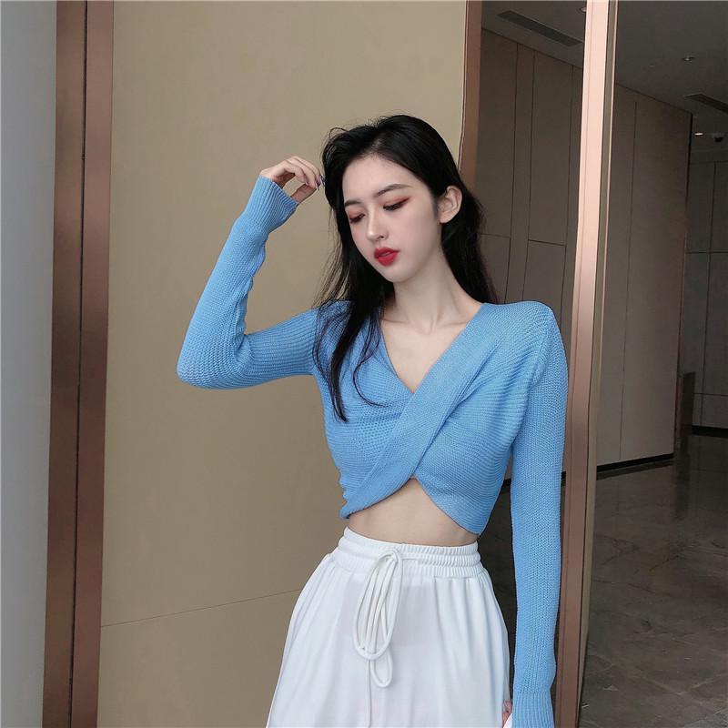 QKOOLE Áo dệt kim  tay dài cổ chữ V phong cách cổ điển Hàn Quốc cho nữ