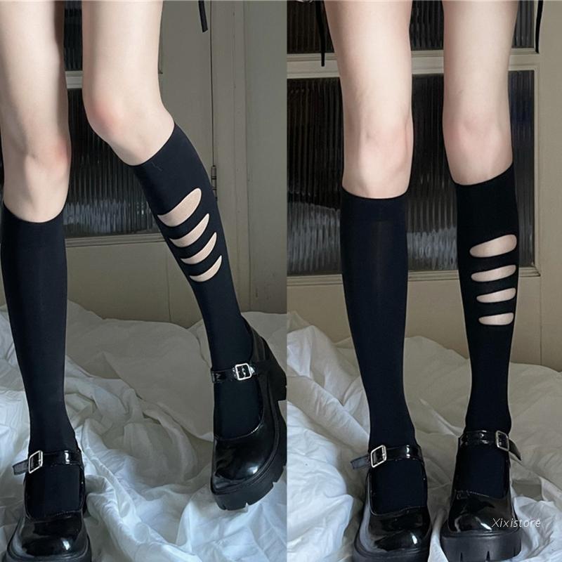 Xixi Vớ Mỏng Dài Tới Gối Thiết Kế Khoét Lỗ Phong Cách Gothic Harajuku Nhật Bản Cho Nữ
