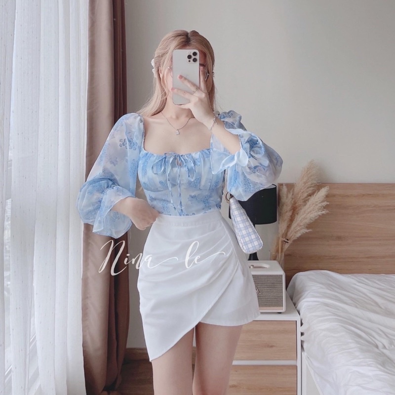 Set áo rút ngực tay dài kèm chân váy đắp chéo siêu xinh xắn