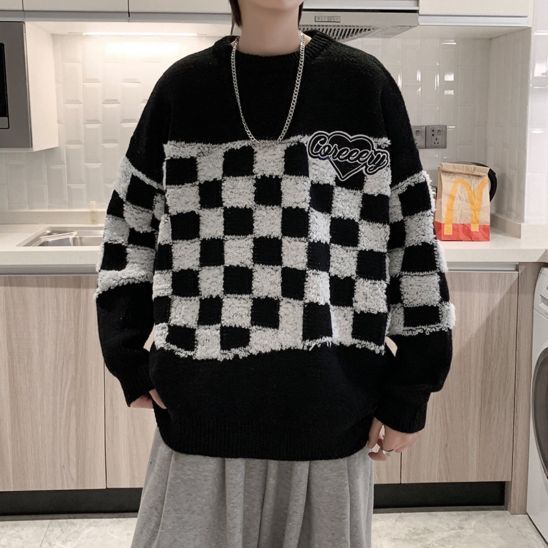 Áo sweater dệt kim chui đầu màu xanh dương/đen pha trắng phong cách hip hop Hàn Quốc thời trang mùa thu cho nam