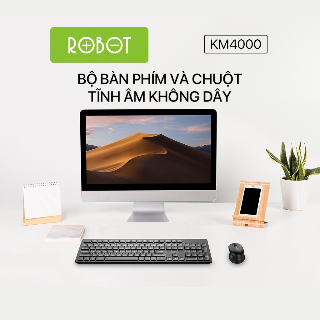 Bộ Bàn Phím Không Dây Và Chuột Không Dây ROBOT KM4000 2.4GHz - Chuột Tĩnh Âm Độ Phân Giải 1600DPI