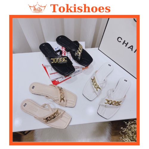 Dép lê nữ, dép kẹp đế bằng họa tiết móc xích đi biển, đi chơi thời trang hot Trend DTX03