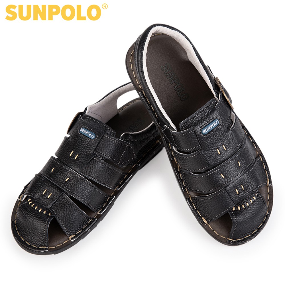 Sandals Nam Da Bò Cao Cấp SUNPOLO Đen - SUSDA8 - Có Big size 44 45