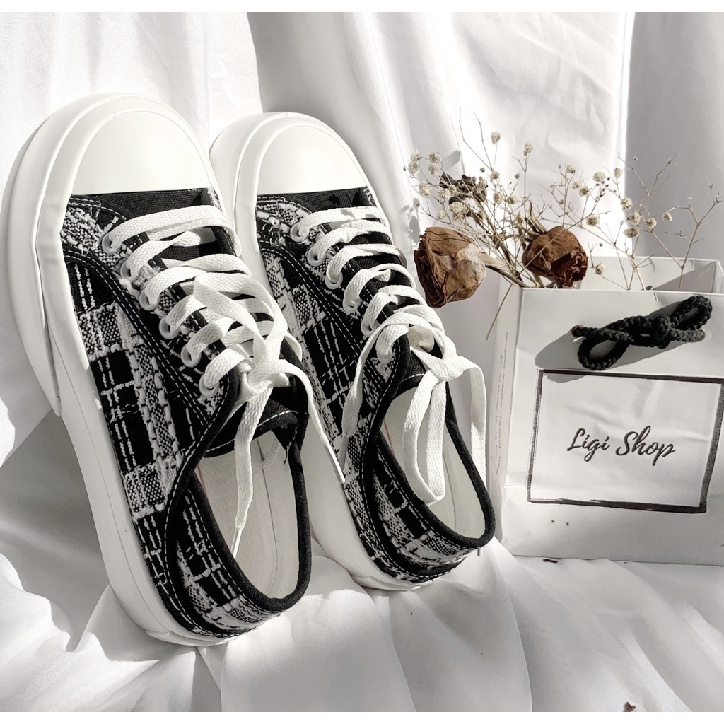 Giày thể thao nữ giẫm gót đế bánh mì, giày sneaker hoạ tiết kẻ cá tính đi được hai kiểu