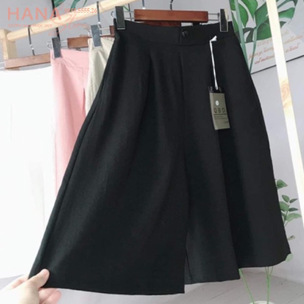 Quần lửng nữ ống rộng suông xếp ly giả váy cạp lưng cao  2 màu đen trắng - Vải Đũi - mặc dài qua gối