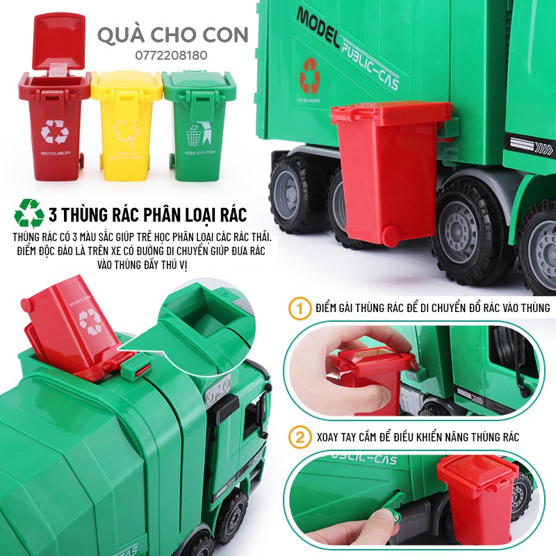 MÔ HÌNH XE CHỞ RÁC TỈ LỆ 1:22 KÈM 3 THÙNG RÁC PHÂN LOẠI, CÓ CHẾ ĐỘ NÂNG THÙNG MÔ PHỎNG ĐỔ RÁC NHƯ XE THẬT