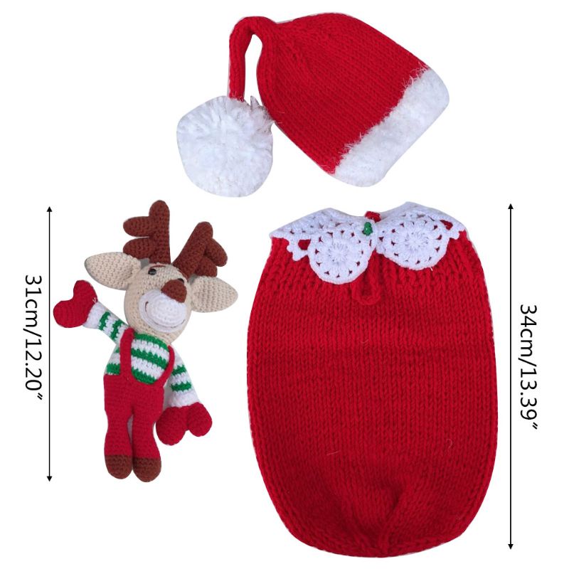 Bộ Trang Phục 3 Món Gồm Mũ + Búp Bê Hươu + Áo liền quần Dệt Kim Dùng Chụp Ảnh Cho Bé Sơ Sinh