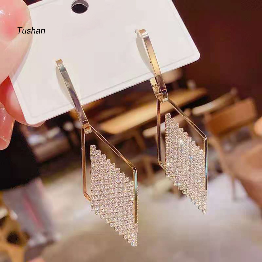 [Ts] Bông Tai Dáng Dài Trang Trí Đá Sáng Bóng Chống Rơi Dành Cho Bạn Nữ Trong Dạ Hội