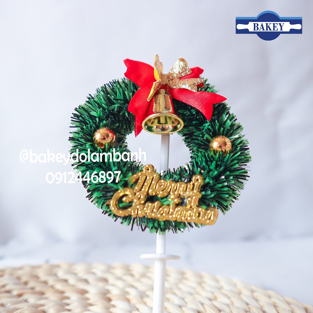 5 Que cắm noel nguyệt quế nơ vàng trang trí bánh