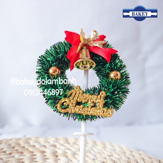 Que cắm noel nguyệt quế nơ vàng trang trí bánh 5 chiếc