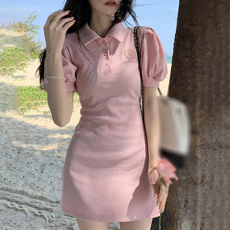Đầm Tay Ngắn Màu Trơn Dáng Ôm Thời Trang Mùa Hè Hàn Quốc Cho Nữ