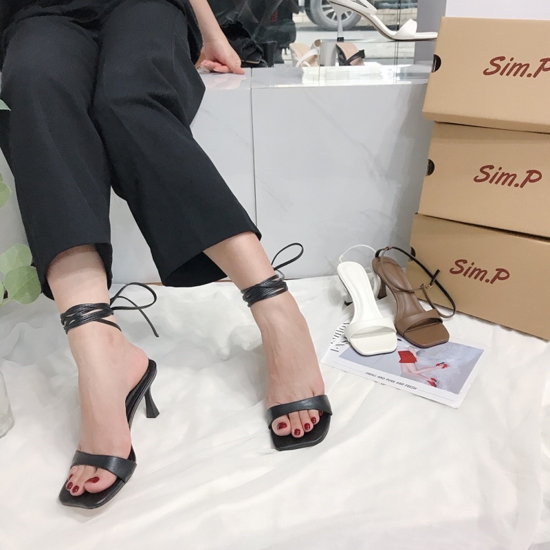 Giày sandal nữ SimP cao gót 6cm mũi khuyết quai ngang khuyết mang được 2 kiểu dây - MELY