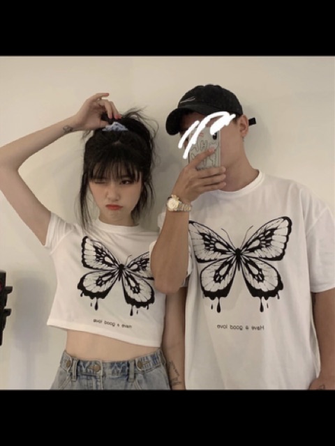 [ÁO COUPLE] [UNISEX] Croptop & Phông dài in hoạ tiết bướm hot trend 😍 Mặc với người yêu hoặc bạn thân đều xinh lun nha