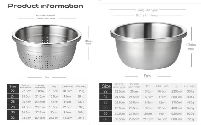 Bộ thau rổ inox 304 Onlycook loại mờ 6 bộ (Size 22,24,26,28,30,32cm)