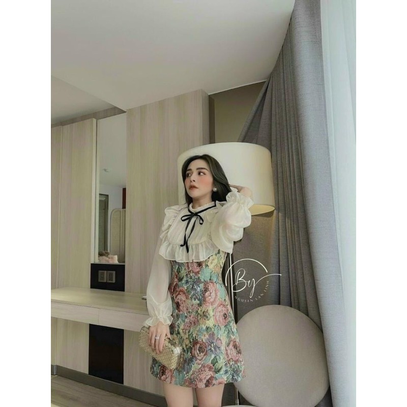Đầm gấm hoa cổ bèo nơ
