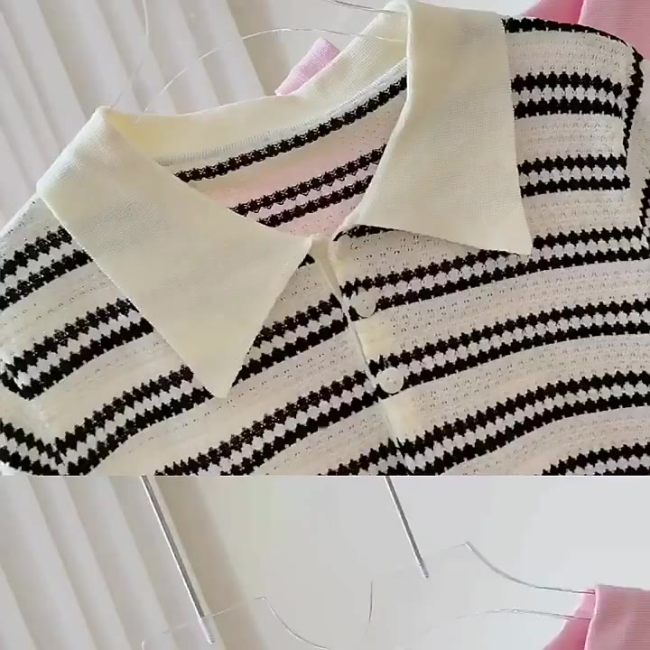 Áo polo len mongtoghi nữ ngắn tay cổ bẻ kiểu kẻ sọc ngang vải dệt kim thoáng khí mát mẻ phong cách ulzzang Hàn Quốc | BigBuy360 - bigbuy360.vn