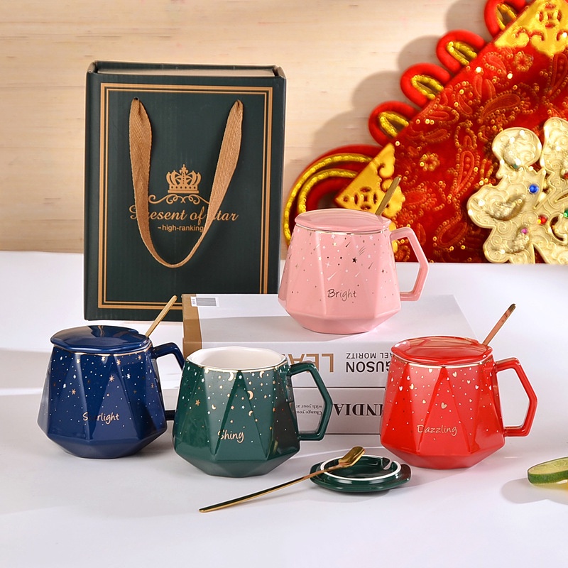 Ly cốc sứ uống trà cafe có nắp hình kim cương in chữ Bright