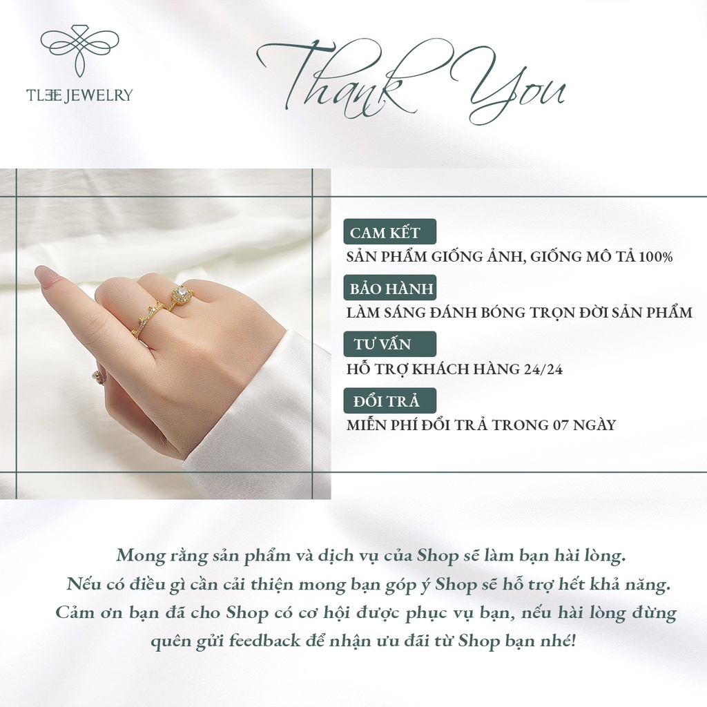 Nhẫn bạc nữ TLEE mặt vuông mạ vàng 14k nạm đá viền cao cấp NCJ A0111