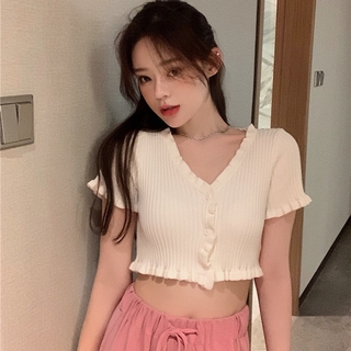 [Women] Croptop knitted short sleeves, V-neck, solid color, Korean version