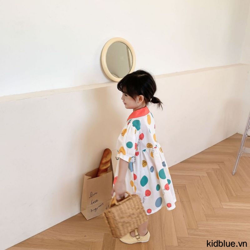 Đầm tay ngắn kiểu phồng dài ngang gối họa tiết chấm bi nhiều màu ngọt ngào cho bé gái