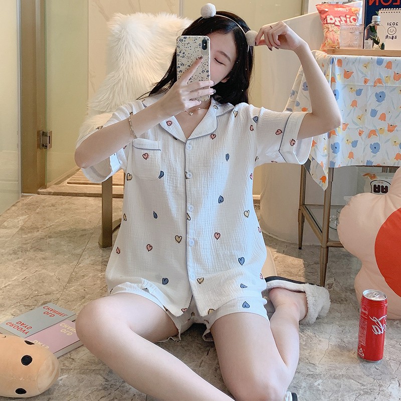 Đồ ngủ & Đồ mặc nhà✸☸✥Bộ pijama nữ cotton mùa hè 2021 Gạc Nhật mới tay ngắn xuân thu đông plus size phục vụ tại nhà