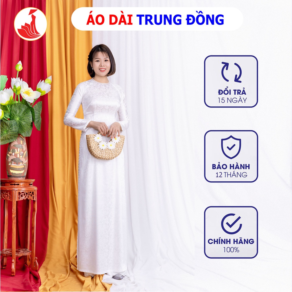 Mẫu áo dài đính kết hạt cổ thuyền chất liệu gấm cao cấp màu xanh, đỏ, trắng đẹp lung linh | Áo dài Trung Đồng